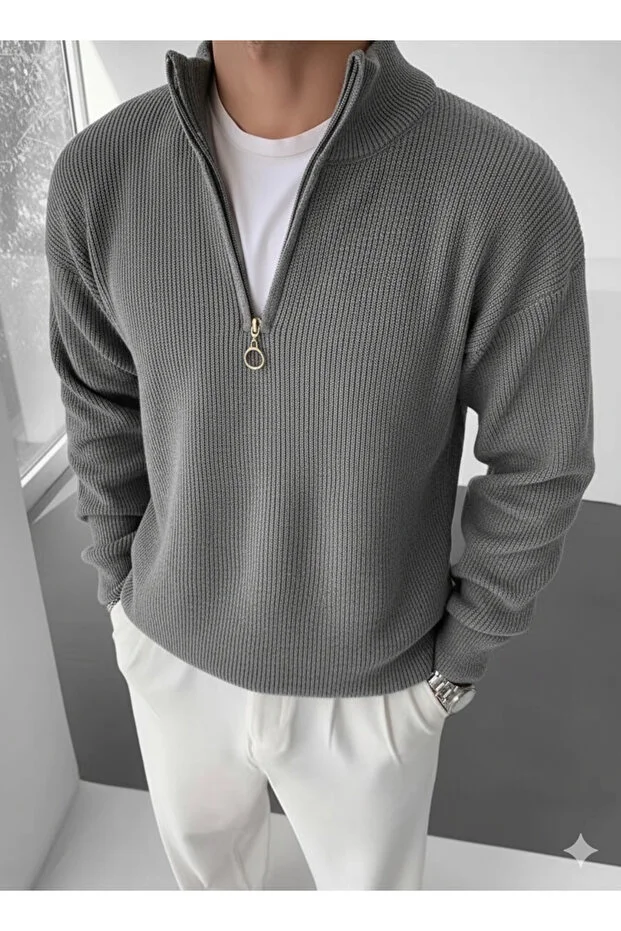 Erkek Slim Fit Dar Kesim Armürlü Fermuarlı Lacivert Dik Yaka Kazak